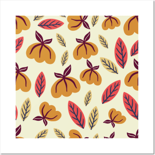 Cosy autumn pattern, with falling leaves and pumpkins Posters and Art